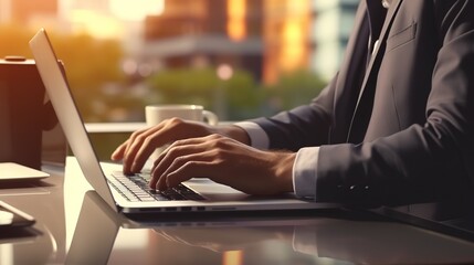 Poster - Businessman working at a laptop computer, close-up.Generative AI