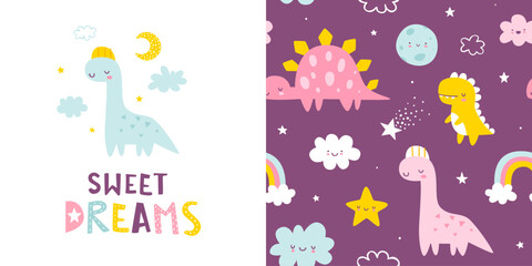 Wall Mural - cute seamless pattern with sleeping dino in the sky. prints collection with cute dinosaurs for baby 