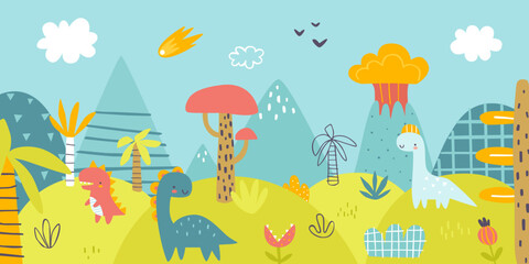 Wall Mural - Cute jurassic landscape with funny dinosaurs. Scandinavian print with prehistorical panorama for baby wall art.