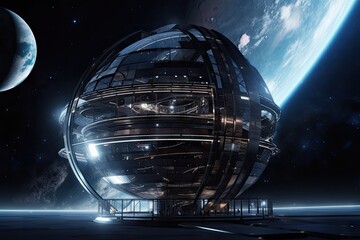 Wall Mural - futuristic observatory, with planet and stars in the background, for immersive experience of space, 