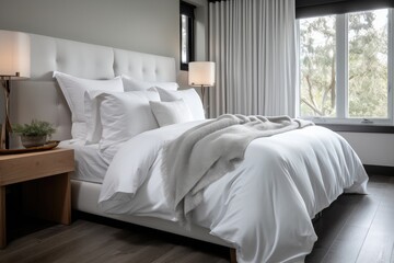 luxurious bed with plush pillows and duvet cover in crisp white, created with generative ai