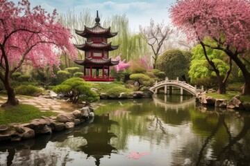 Wall Mural - peaceful china pagoda garden with blooming cherry blossoms and koi pond, created with generative ai