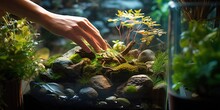 Hands Delicately Arranging Plants And Rocks In A Brightly Lit Aquarium, Concept Of Zen Garden Aesthetics, Created With Generative AI Technology