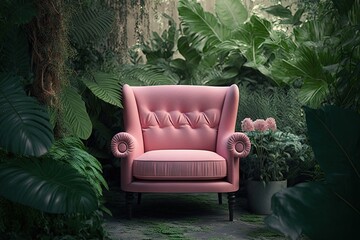 Poster - a pink armchair surrounded by greenery in a serene garden setting, created with generative ai