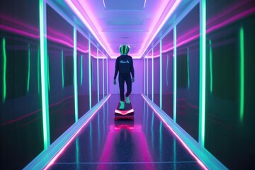 Wall Mural - alien commuter riding hoverboard down neon-lit hallway, created with generative ai