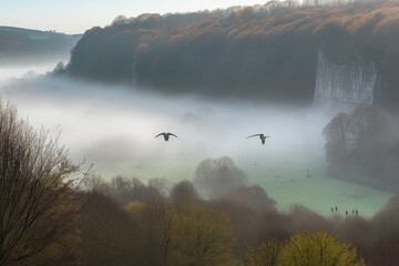 Wall Mural - ethereal mist over valley, with alien creatures exploring the landscape, created with generative ai