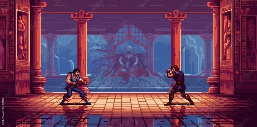 A retro computer game fighter level. Pixel art arcade video. Generative ...