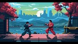 Fototapeta Sport - A retro computer game fighter level. Pixel art arcade video. Generative AI