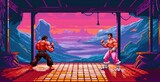 Fototapeta Sport - A retro computer game fighter level. Pixel art arcade video. Generative AI