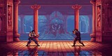 Fototapeta Kosmos - A retro computer game fighter level. Pixel art arcade video. Generative AI