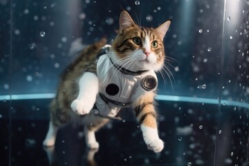 Wall Mural - feline astronaut floating in weightless environment, with view of starry sky visible in the backgrou