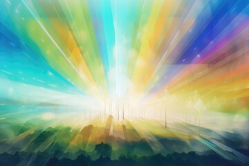 Wall Mural - abstract landscape with rays of light and prismatic colors, created with generative ai