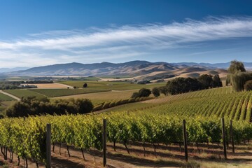 Canvas Print - vineyard with rolling hills and distant mountain range in the background, created with generative ai