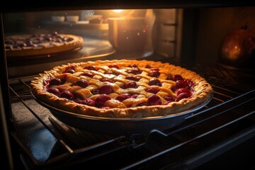 Wall Mural - cherry pie baking in the oven, with a golden crust and red juices visible through the window, created with generative ai