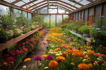 Poster - greenhouse with burst of colorful blooms and pollen-covered surfaces, created with generative ai