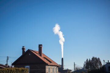 Canvas Print - a clear blue sky with chimney smoke rising from a house in the distance, created with generative ai