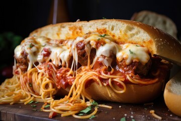Wall Mural - spaghetti and meatball sandwich, with melted cheese oozing between meatballs, created with generative ai