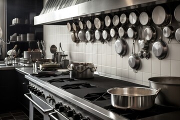 Wall Mural - commercial range with pots and pans for cooking, set against black and white tile, created with generative ai