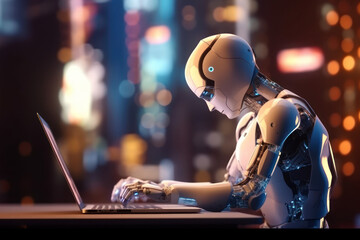 Ai robot using laptop at office background. Technology future concept. Generative ai.