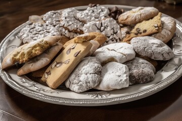 Poster - plate of freshly baked cookies and biscotti, dusted with powdered sugar, created with generative ai