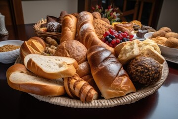 Wall Mural - plate of breads, with each different variety and shape, created with generative ai