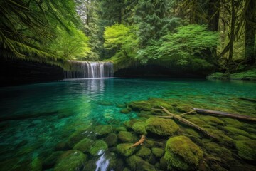 Canvas Print - waterfall cascading into crystal-clear lake, with view of the forest in the background, created with generative ai