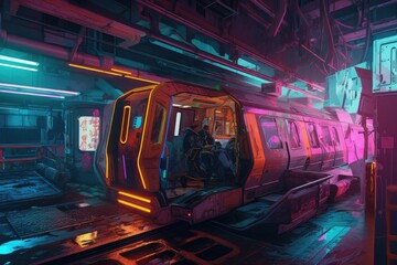 Sticker - cyberpunk sci-fi setting, with futuristic transportation and neon signs, created with generative ai