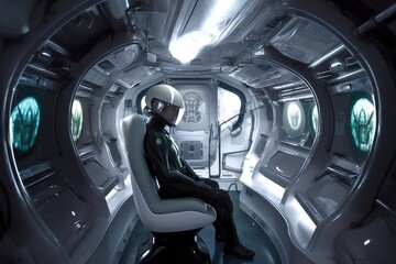Wall Mural - alien worker, traveling to job site aboard futuristic transport vessel, created with generative ai