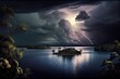tropical cyclone, with its storm clouds and lightning, over view of tranquil lake, created with generative ai