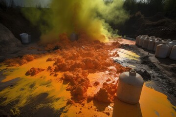 Sticker - an overflowing chemical waste dump, spilling toxic substances onto the ground, created with generative ai