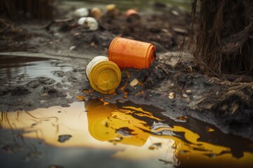 Canvas Print - close-up of toxic waste spill, with hazardous chemicals seeping into the environment, created with generative ai