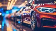 Blurred background of new cars displayed in luxury showroom with light bokeh in motor show event.Generative AI