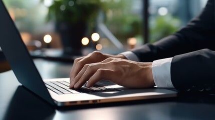 Poster - Businessman working at a laptop computer, close-up.Generative AI