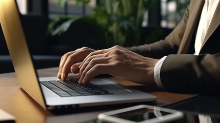 Poster - Businessman working at a laptop computer, close-up.Generative AI