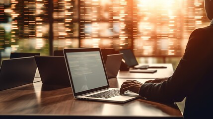 Poster - Businessman working at a laptop computer, close-up.Generative AI