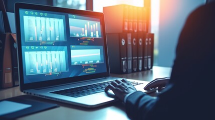 Poster - Businessman working at a laptop computer, close-up.Generative AI