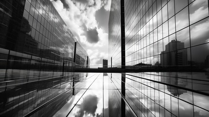 Poster - A front view of the sky and the reflection of clouds on the glass wall and windows of a modern office building in the business district of the city.Generative AI