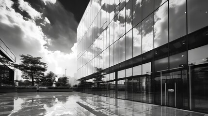 Poster - A front view of the sky and the reflection of clouds on the glass wall and windows of a modern office building in the business district of the city.Generative AI