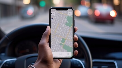 Poster - A business person using a mobile smartphone, checking the location of the address using the navigator application, driving a car.Generative AI