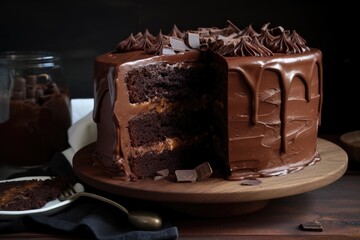 Poster - layers of rich chocolate cake, drenched in thick fudge frosting, created with generative ai