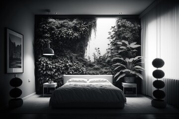 Canvas Print - luxury hotel room with vertical garden on the wall and black-and-white tones, created with generative ai