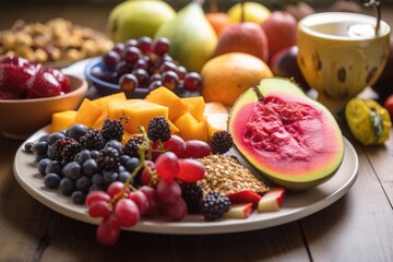 Sticker - plate of fresh fruits and vegetables, with other foods in the background, created with generative ai