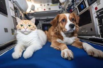 Wall Mural - feline and canine astronauts taking a break from their mission, floating in the zero-gravity of spac