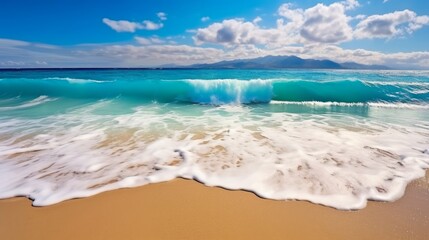 Wall Mural - Beautiful sandy beach and soft blue ocean. waves on the beach. wave breaking on the rocks. Generative AI