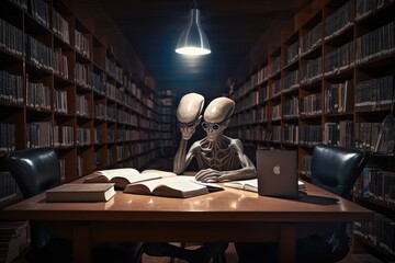 Wall Mural - shot of alien student studying in library, surrounded by books and technology, created with generati