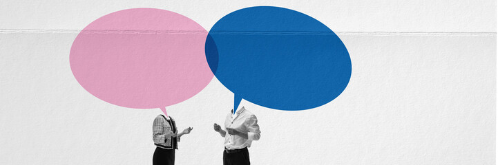 Colleagues, employees with gian speech bubbles with empty space for text, talking, discussing. Contemporary art collage. Concept of business, teamwork, brainstorming. Creative design