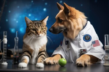 Wall Mural - feline and canine astronauts conducting scientific experiment, with blurred background of stars and 