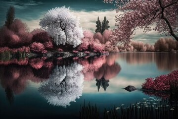 Wall Mural - peaceful lake surrounded by blossoming trees, created with generative ai