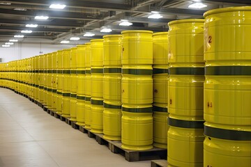 rows of shiny, new nuclear waste containers ready for disposal, created with generative ai