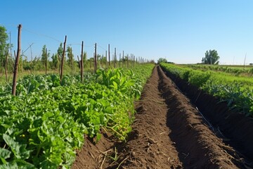 Wall Mural - row of fresh garden growth, with clear blue sky in the background, created with generative ai